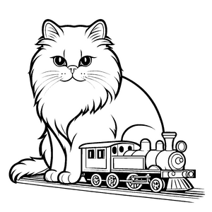 Verspielte Perserkatze neben einem Zug-Bastelmotiv für kleine Abenteurer