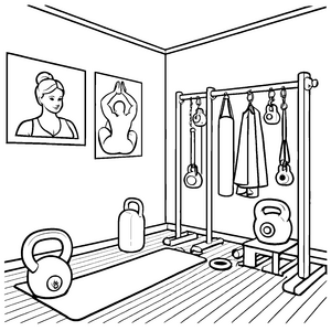 Vielfältige Kettlebells im modernen Fitnessstudio Ausmalvorlage für sportliche Entdecker