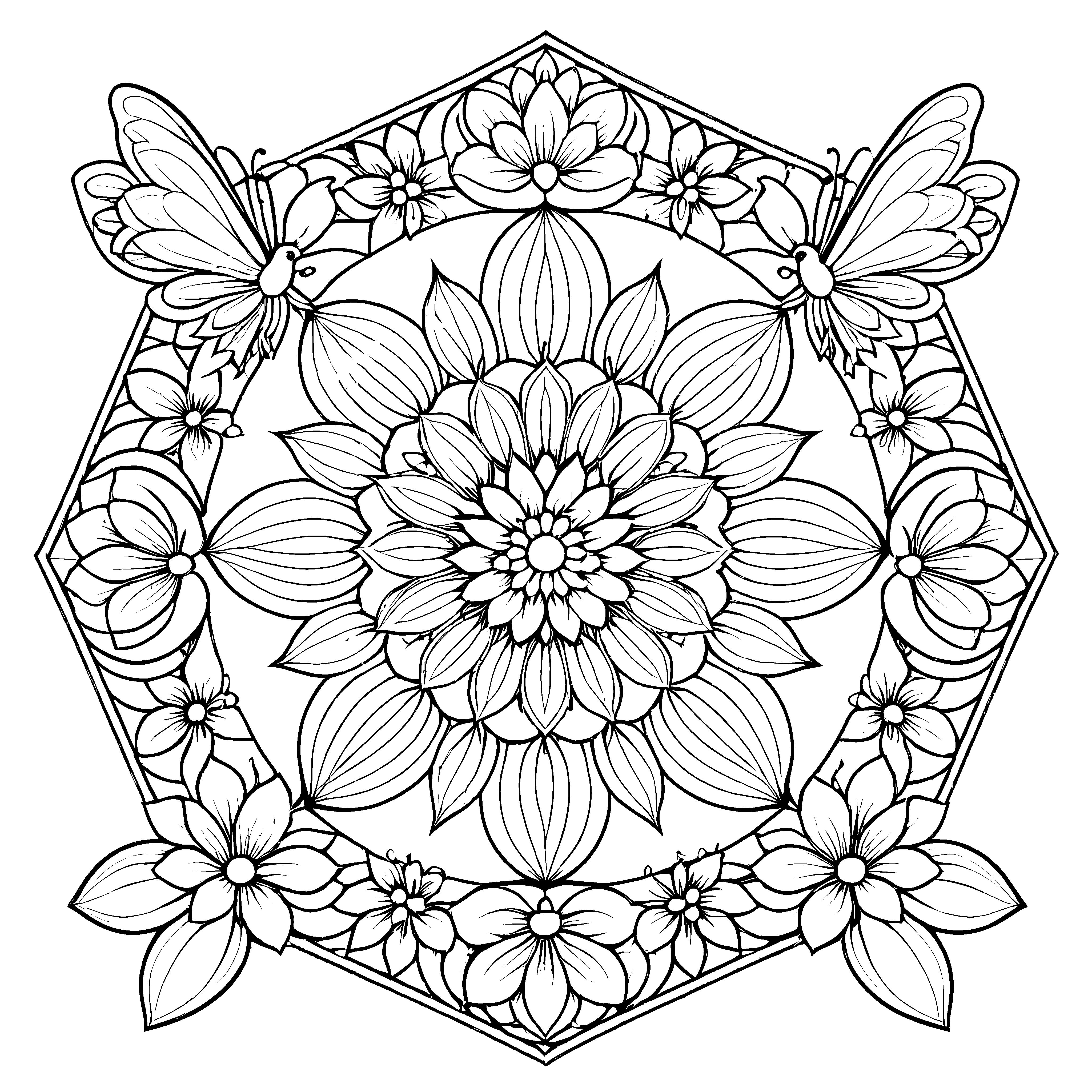 Wundervolles Mandala mit floralen Mustern und fantasievollen Schmetterlingen Ausmalbild für künstlerische Entdecker und kreative Farbträumer