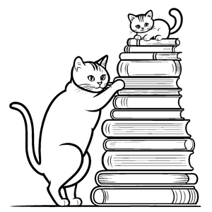 Kätzchen auf Bücherstapel mit neugierigem Blick Ausmalbild für kleine Bücherwürmer und kreative Maler