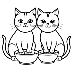 Zwei kesse Katzen mit Futter und Apfel Ausmalbild für neugierige kleine Gaumenfreunde