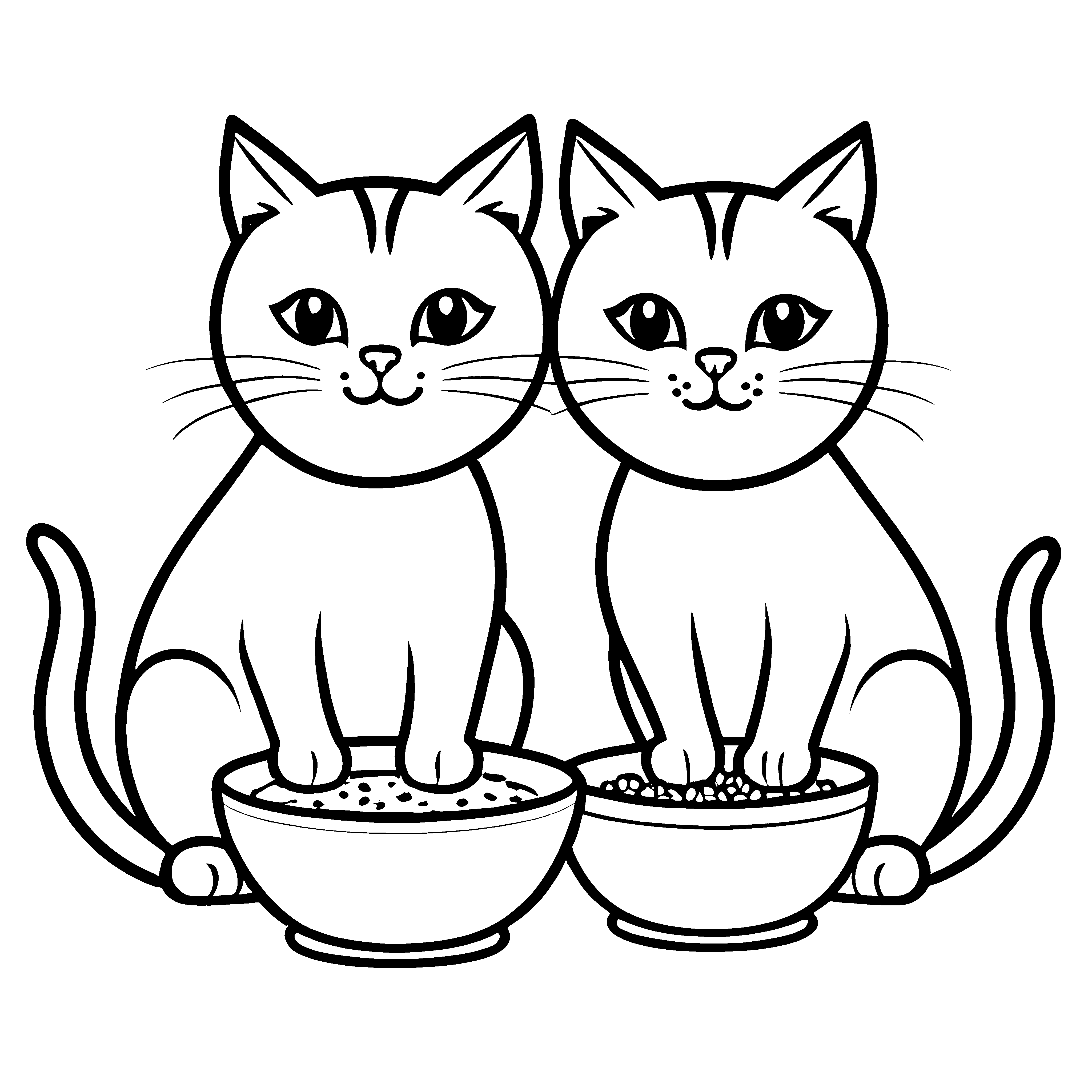 Zwei kesse Katzen mit Futter und Apfel Ausmalbild für neugierige kleine Gaumenfreunde