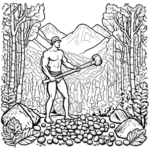 Mächtiger Steinzeitmensch mit Pickaxe vor Felsen Ausmalmotiv für kleine Forschergeist
