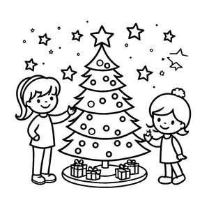 Zwei fröhliche Kinder vor dem Weihnachtsbaum Ausmalbild für kreative Weihnachtsfreunde