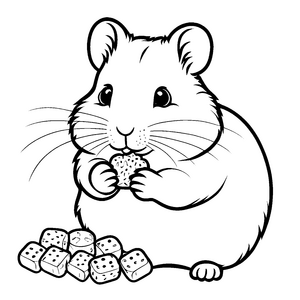 Fröhlicher Hamster genüsslich mit Kuchen umgeben Ausmalbild für süße Naschkatzen