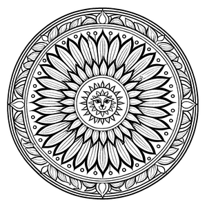Strahlendes Mandala mit zentraler Sonnenmotiv Ausmalvorlage für neugierige Farbzauberer und kreative Entdecker