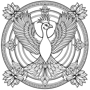 Majestätisches Mandala mit prachtvollem Vogel und zauberhaften Symbolen Ausmalbild für fantasievolle Künstler und neugierige Farbfreunde