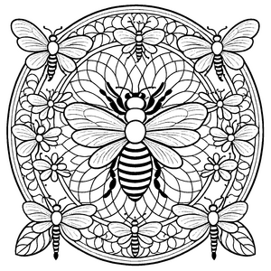 Zauberhaftes Mandala mit summenden Bienen und floralen Mustern Ausmalbild für kreative Naturfreunde und kleine Kunstliebhaber