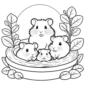 Vier süße Hamster in einer Schüssel Ausmalbild für kleine Tierliebhaber mit großen Träumen