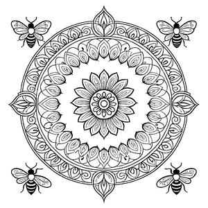 Faszinierendes Mandala mit Blumenmuster und summenden Bienen Ausmalvorlage für neugierige Farbkünstler und kreative Köpfe