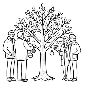 Drei fröhliche Menschen um den Weihnachtsbaum Ausmalvorlage für besinnliche Weihnachtszauberer