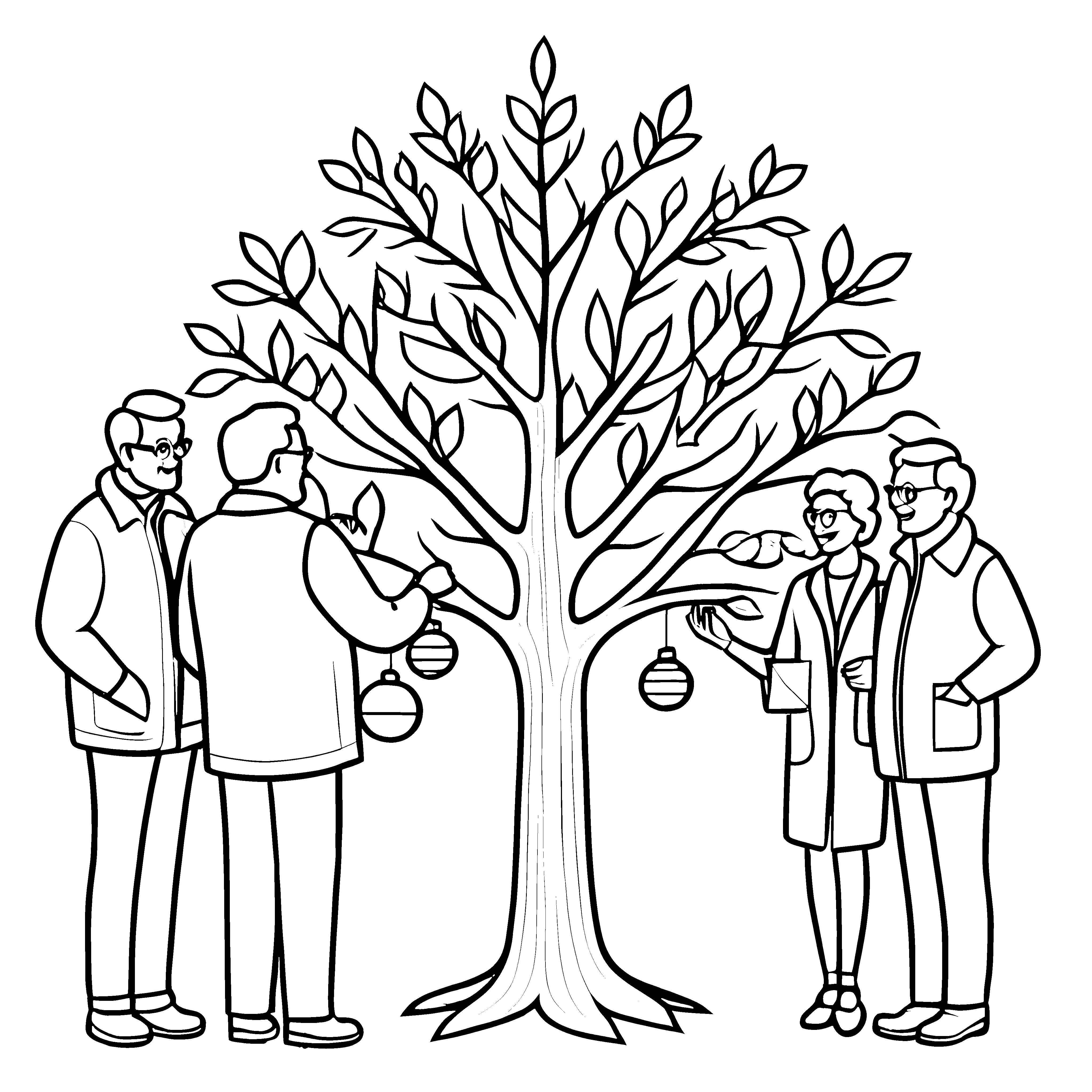 Drei fröhliche Menschen um den Weihnachtsbaum Ausmalvorlage für besinnliche Weihnachtszauberer
