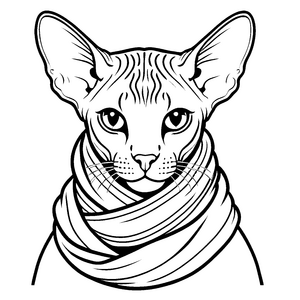 Elegante Sphynx Katze mit schickem Schal Ausmalmotiv für stilvolle Kunstfreunde