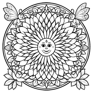 Strahlendes Mandala mit lächelnder Sonne und Blumen für kreative Farbzauberer und kleine Lebensfreunde
