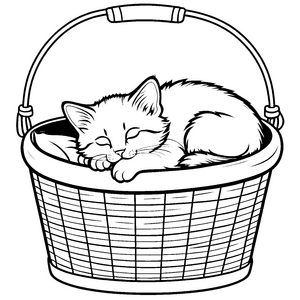 Gemütliche Katze in ihrem Korb zum Ausmalen für entspannte Künstler
