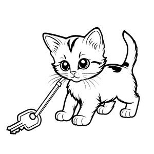 Freche Katze mit geheimem Schlüssel und Herzchen Malvorlage für kleine Abenteurer mit großen Träumen