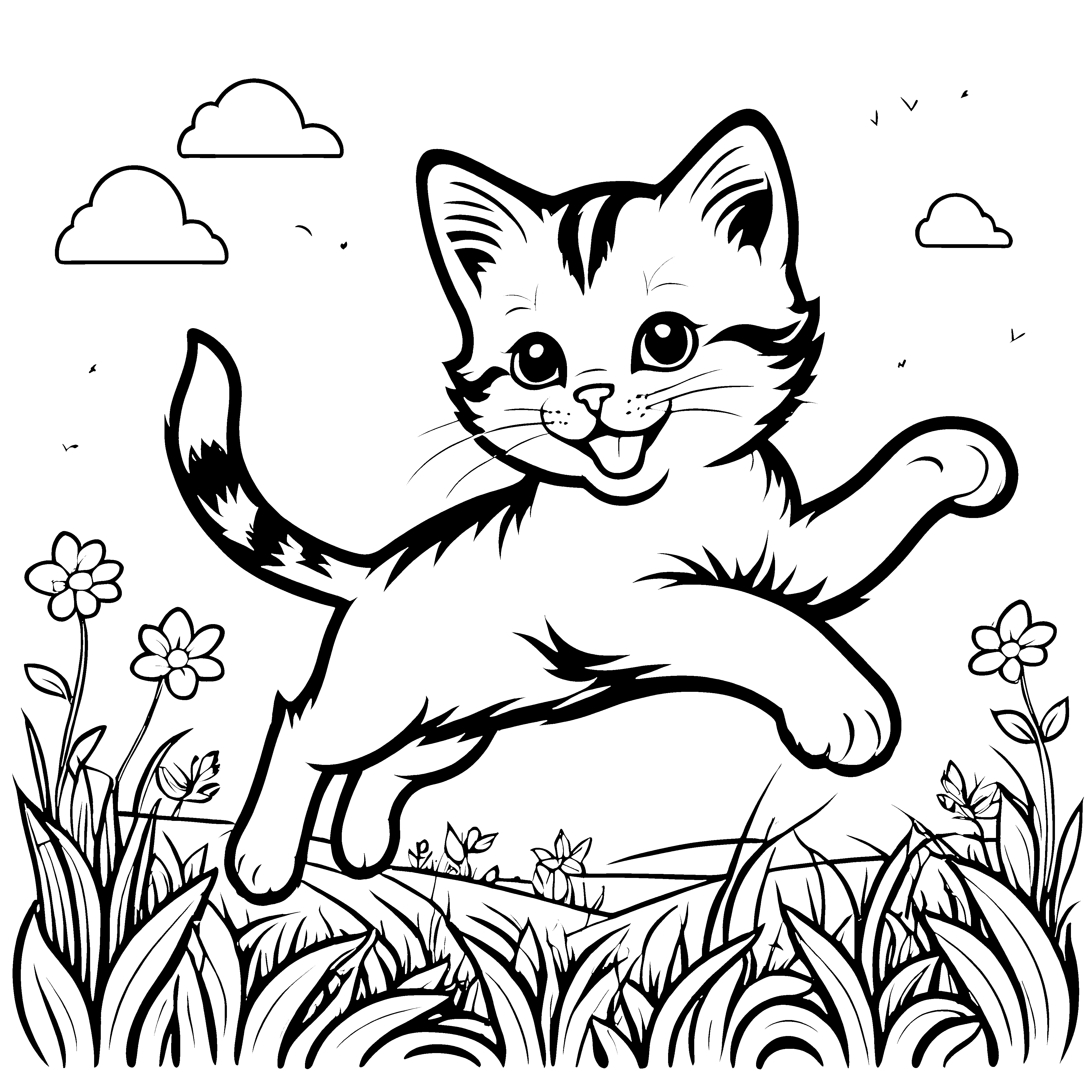 Fröhliche Katze springt durch blühendes Wiesenfeld Ausmalvorlage für kleine Naturentdecker