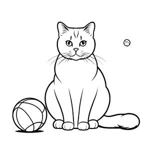 Verspielt schauende Britisch Kurzhaar Katze neben Ball Ausmalmotiv für neugierige Tierfreunde