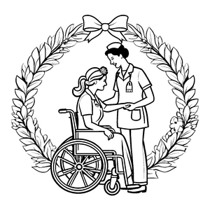 Mitfühlende Krankenschwester inmitten eines Weihnachtskranzes Ausmalbild für hilfsbereite Entdecker