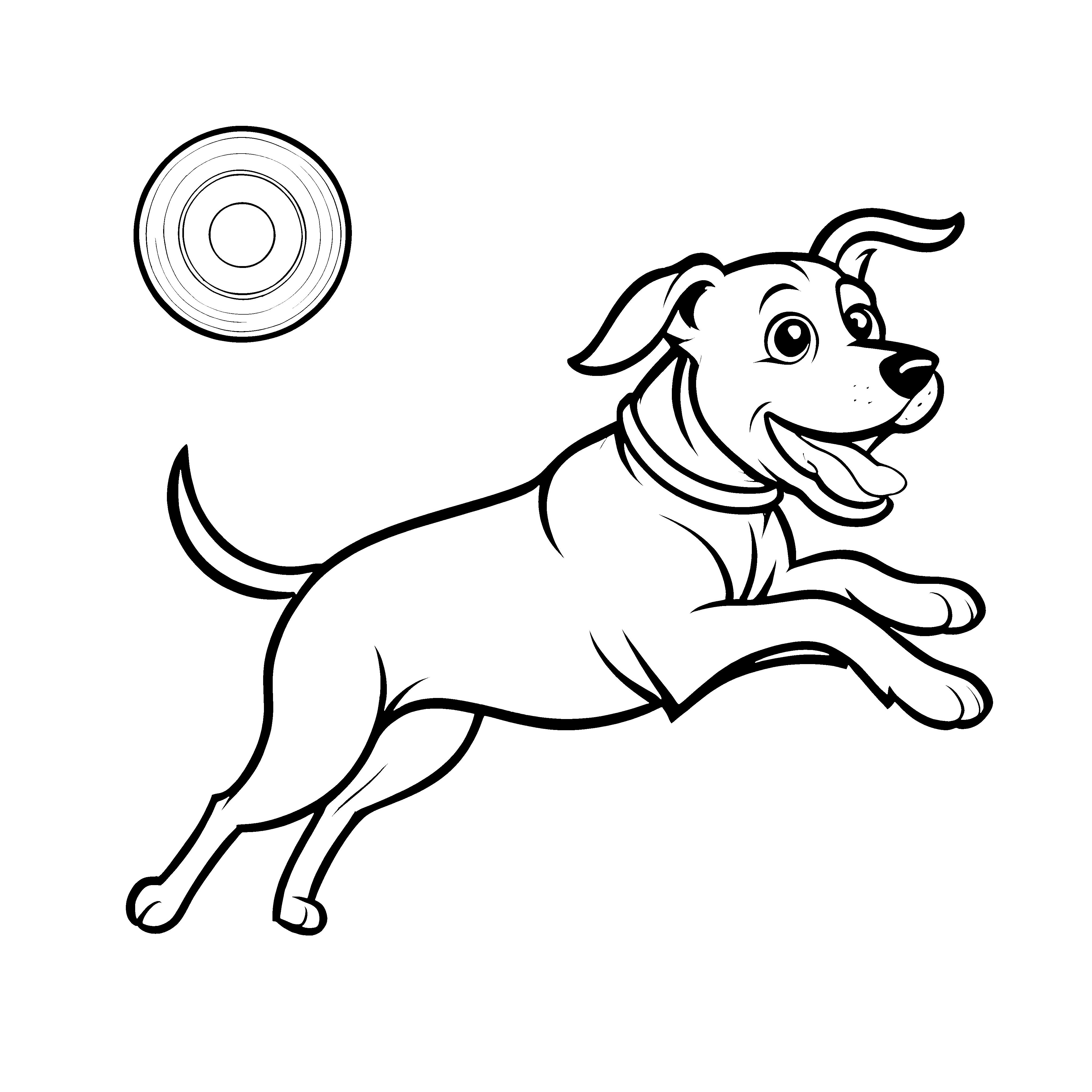 Fröhlicher Hund mit fliegendem Frisbee Ausmalvorlage für junge Tierfreunde