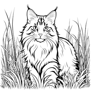 Stilvolle Maine Coon Katze im hohen Gras Malvorlage für neugierige Katzenfreunde