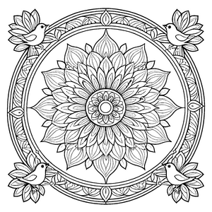 Bezauberndes Mandala mit drei Vögeln und floralem Zentrum Ausmalbild für fantasievolle Forscher und kreative Farbentdecker