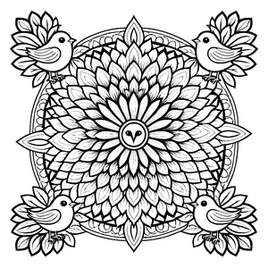 Faszinierendes Mandala mit zentralem Vogel und bunten Freunden Ausmalvorlage für kleine Entdecker und kreative Farbträumer