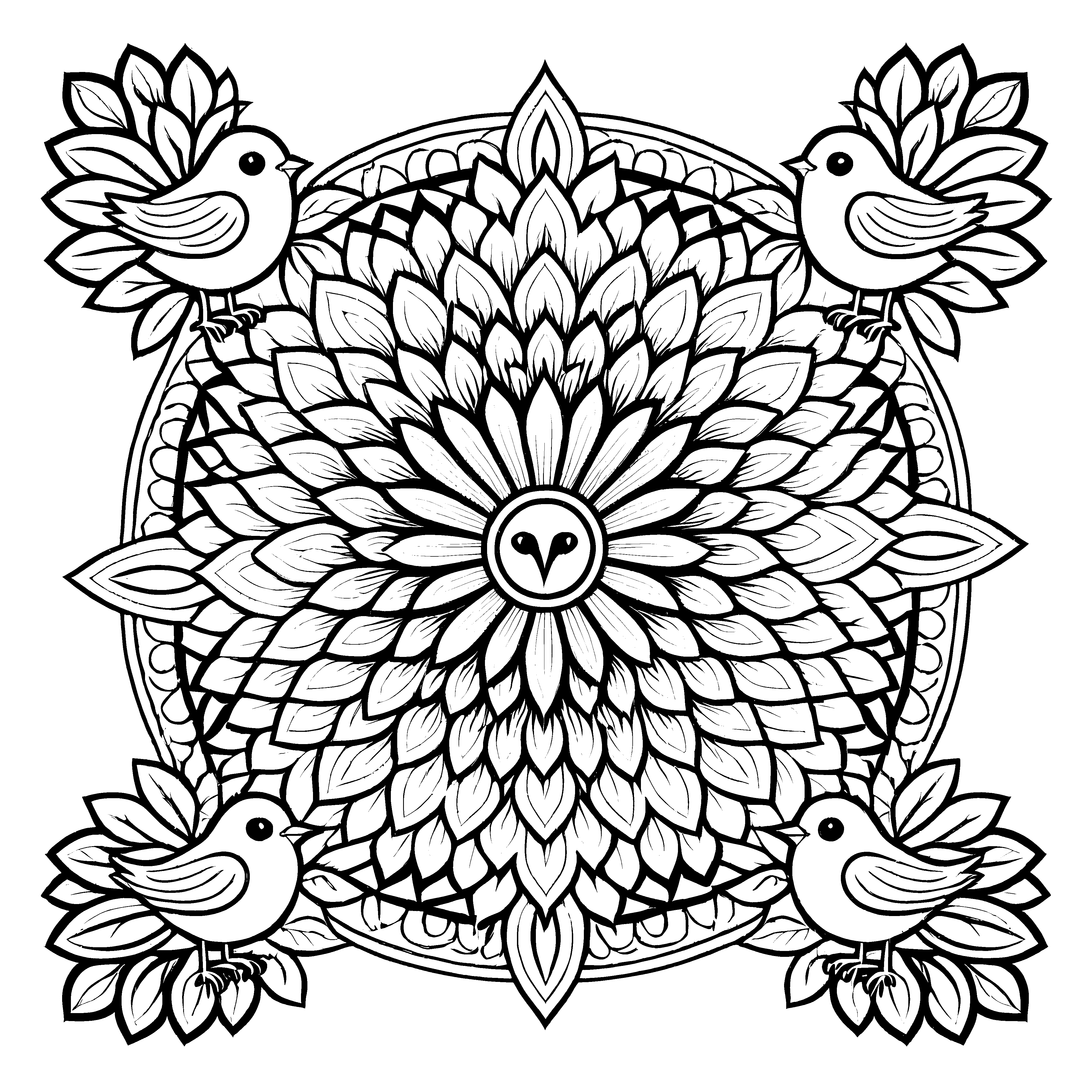 Faszinierendes Mandala mit zentralem Vogel und bunten Freunden Ausmalvorlage für kleine Entdecker und kreative Farbträumer