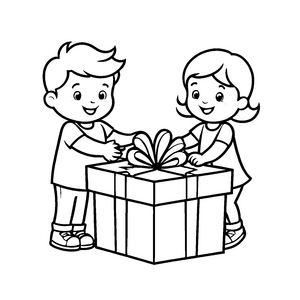 Fröhliche Kinder beim Auspacken von Geschenken Malvorlage für kleine Weihnachtshelden
