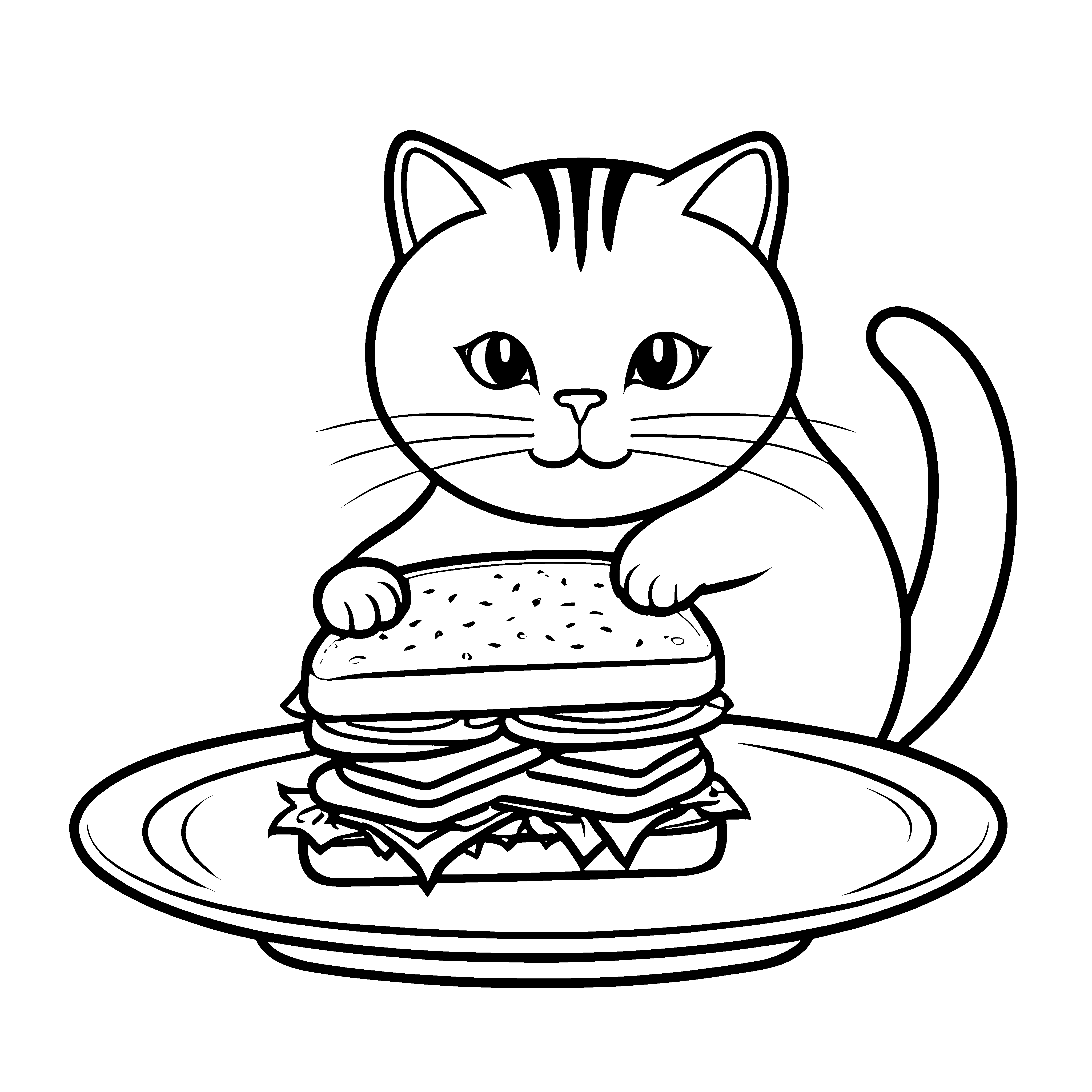 Freche Katze mit leckerem Sandwich Malvorlage für kleine Feinschmecker
