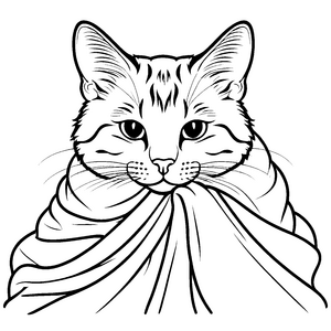 Schmusekatze mit kuscheliger Decke als Ausmalvorlage für fantasievolle Tierentdecker