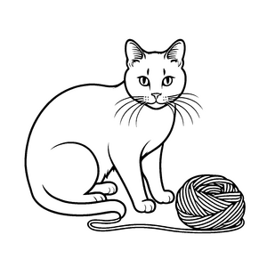 Schnurrende Katze spielt mit buntem Wollknäuel Ausmalmotiv für flinke Buntstift-Entdecker