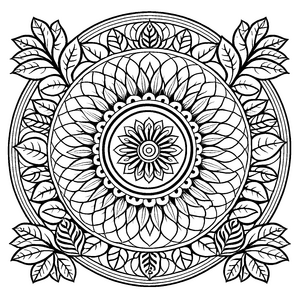 Fesselndes Mandala mit blühendem Mittelpunkt und symmetrischen Blättern Ausmalbild für kleine Künstler und kreative Entdecker