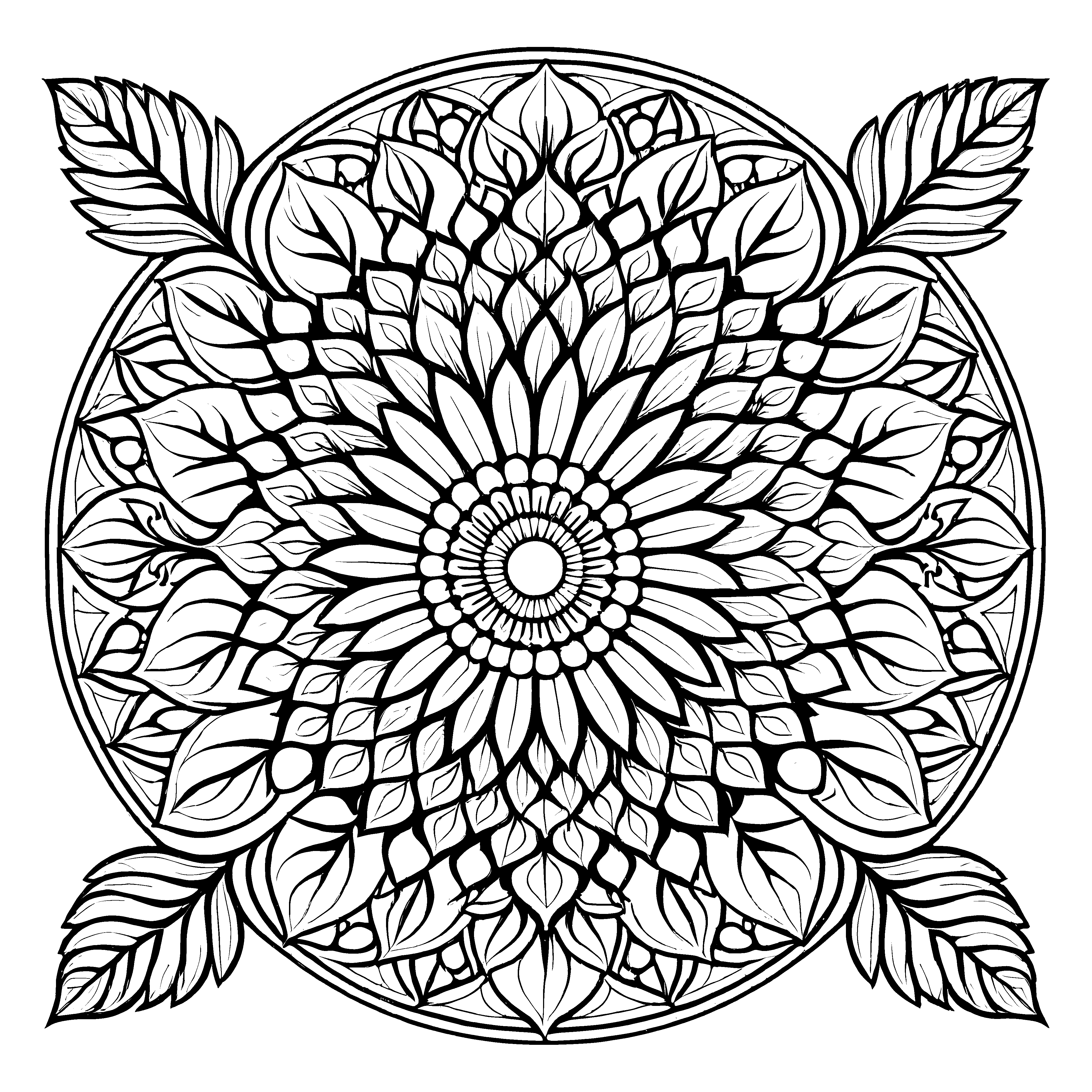 Faszinierendes Mandala mit floralen Details und eleganten Blättern Ausmalmotiv für neugierige Farbkünstler und kreative Träumer