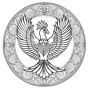 Elegantes Mandala mit zierenden Spiralen und einem Vogel Mittelpunkt Ausmalmotiv für mutige Farbträumer und kreative Entfalter