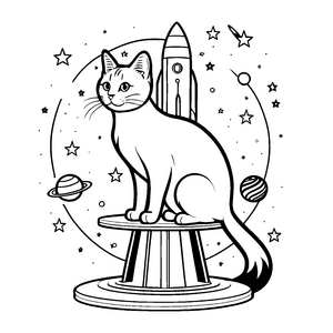 Galaktische Katze auf Säule umgeben von Raketen Ausmalbild für neugierige Stardust-Pioniere