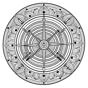 Faszinierendes Mandala mit zentralem Kompass und geometrischen Mustern Ausmalbild für kreative Träumer und kleine Entdecker