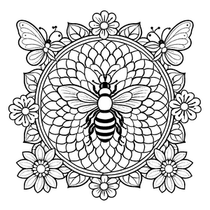 Impressionantes Mandala mit Biene und Blumen Ausmalvorlage für kleine Fantasten und neugierige Kunstfreunde