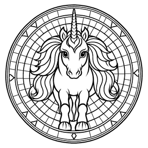 Magisches Mandala mit strahlendem Einhorn im Mittelpunkt Ausmalbild für fabelhafte Künstler und neugierige Träumer