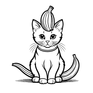 Verspielte Katze mit Banane als Hut Ausmalvorlage für fröhliche Kreativlinge