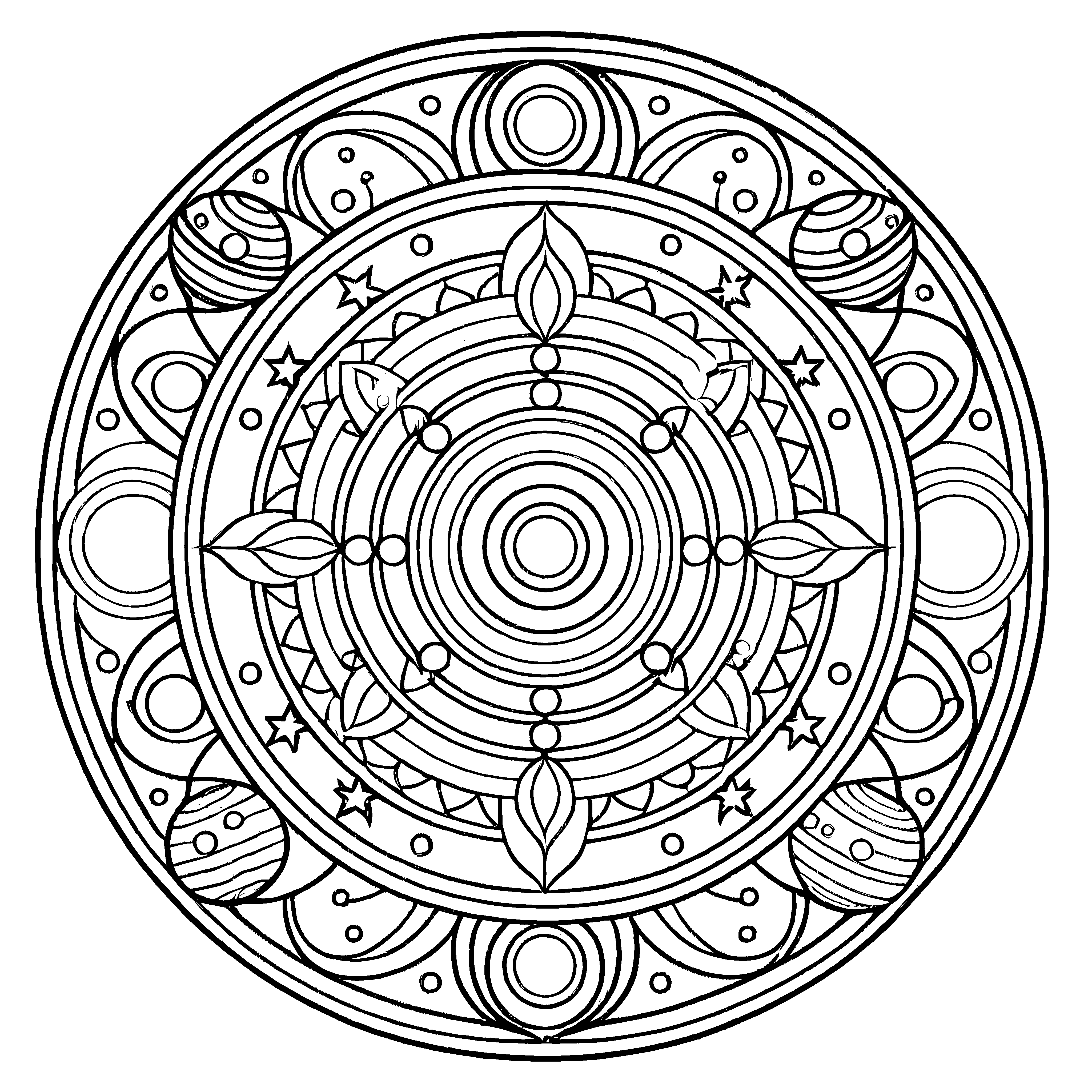Zauberhaftes Mandala mit vielfältigen Formen und Mustern Ausmalvorlage für kunstbegeisterte Entdecker und kleine Farbenschöpfer