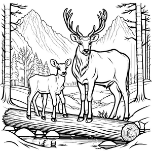 Sanfter Riesenhirsch mit jungem Kitz vor Bäumen Malvorlage für kleine Naturentdecker