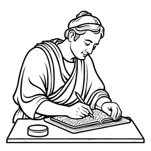 Nachdenklicher Philosoph am Tisch mit Feder Ausmalbild für wissbegierige Geschichtenerzähler