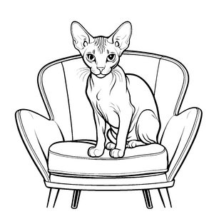 Gemütliche Sphynx Katze auf stilvollem Stuhl Ausmalmotiv für kreative Tiergestalter