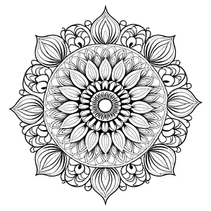 Strahlendes Mandala mit sonnenförmigem Zentrum und floralen Akzenten Ausmalvorlage für träumerische Künstler und kleine Inspirationssucher