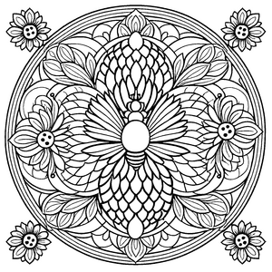 Imposantes Mandala mit summender Biene und blühenden Sonnenblumen Ausmalmotiv für kleine Künstler und fantasievolle Entdecker