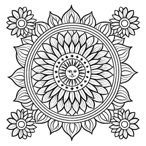 Strahlendes Mandala mit floralen und sonnigen Elementen Ausmalmotiv für abenteuerliche Künstler und kleine Musterforscher
