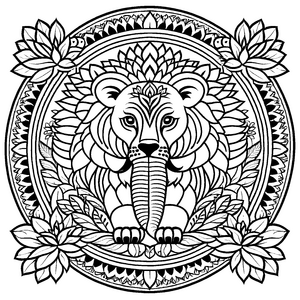 Majestätisches Mandala mit Löwenkopf und floralen Verzierungen Ausmalbild für mutige kleine Künstler und kreative Abenteurer