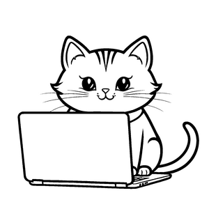 Freche Katze am Laptop mit neugierigem Blick Ausmalmotiv für digitale Entdecker