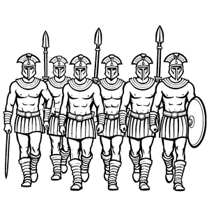 Sechs spannende Gladiatoren in voller Rüstung Ausmalbild für tapfere kleine Kämpfer